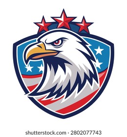 This graphic illustration features a fierce bald eagle head centered inside a shield emblem with patriotic red white and blue colors and stars. The design conveys strength and power with a clean artistic style perfect for sports team logos or mascots.