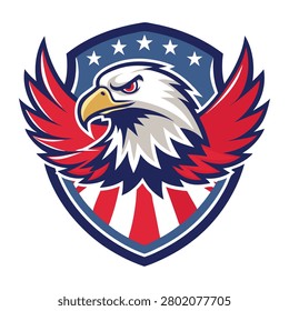 This graphic illustration features the head of a fierce eagle inside a shield shape adorned with red and white stripes and blue stars. The bird has sharp eyes and vibrant red wings extended outwards representing strength and patriotic pride in this design.