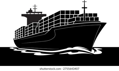 This graphic illustration features a high-contrast black silhouette of a massive container cargo vessel moving through the water. The design highlights the ship's bridge, the stacked metal shipping containers, and the bow cutting through stylized waves, set against a clean white background, perfect for logistics and maritime themes.