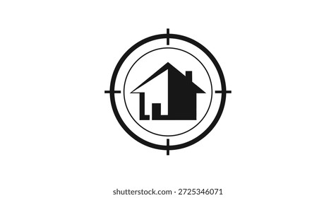 Esta ilustración gráfica presenta una casa encerrada dentro de un símbolo de destino, que simboliza el enfoque en inversiones inmobiliarias o búsquedas de propiedades específicas. El diseño transmite eficazmente las ideas de
