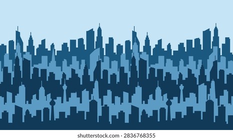 This graphic illustration features a layered silhouette of a sprawling metropolis against a soft light blue sky. The composition showcases various architectural heights and shapes, creating a sense of depth and density. The monochromatic blue color palette evokes a calm, early morning atmosphere suitable for professional design projects