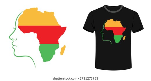 This graphic illustration features a minimalist green silhouette of a woman's profile alongside a tri-colored map of the African continent. The artwork is presented both as a standalone vector file and as a digital mockup on a black shirt.
