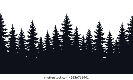 This graphic illustration features a repeating pattern of dark evergreen tree silhouettes arranged in a dense forest formation. The stark contrast between the solid black shapes and the bright white sky creates a bold, minimalist aesthetic. The composition is balanced and symmetrical, suitable for various design applications requiring a natural, woodland-themed border or backdrop