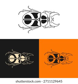 This graphic illustration features a stag beetle in a top-down view. The artwork presents the insect in a stylized manner. The composition showcases a black and white version and the same design on contrasting backgrounds of black and orange. Suitable for various design applications, this image offers potential use in educational or commercial projects.