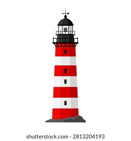 This graphic illustration features a tall lighthouse with bold red and white horizontal stripes standing on a dark rocky base. The design is clean and minimalist with a clear view of the lantern room atop the structure providing a classic nautical theme.