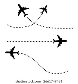 Esta ilustración gráfica presenta tres aviones silueteados representados en pleno vuelo, cada uno siguiendo una línea punteada distinta que