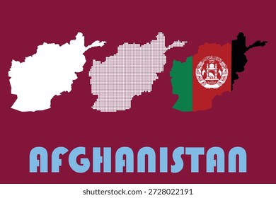 Diese Grafik zeigt drei verschiedene visuelle Darstellungen der Karte Afghanistans, die auf einfarbigem Hintergrund hervorgehoben dargestellt werden. Auf der linken Seite sehen Sie eine klare, weiße Silhouette der geographischen Umrisse des Landes. Daneben zeigt die mittlere Darstellung die Karte in einem einzigartigen gepunkteten, pixeligen weißen Muster. Die dritte und rechteste Darstellung der Karte ist dynamisch mit der Nationalflagge Afghanistans gefüllt, die ihre vertikalen grünen, roten und schwarzen Streifen zusammen mit dem zentralen nationalen Emblem zeigt. Unterhalb dieser visuellen Elemente ist das Wort "AFGHANISTAN" in kräftigen, hellblauen Großbuchstaben geschrieben, was den Bildgegenstand verstärkt. Dieses Bild dient als visuelle Hommage an die Nation, ihre Geografie und ihre nationale Identität.