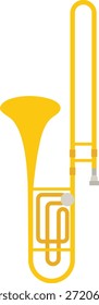 Esta ilustração gráfica apresenta um trombone, um instrumento musical de latão que produz som através da vibração labial em um bocal. O passo é alterado usando um mecanismo de deslizamento telescópico que altera o comprimento da tubulação. O trombone é amplamente utilizado na música clássica, conjuntos de jazz, bandas marciais e outros estilos musicais, e vem em tipos como tenor, baixo e alto com variadas faixas de tons.