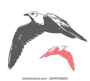 This graphic illustration features two seagulls in flight, one in gray and the other in a pinkish-red hue.