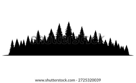 This is a graphic illustration featuring a silhouette of a dense forest. The trees are evergreen, likely pine or fir trees, characterized by their triangular shapes and pointed tops. They are densely packed together, creating a solid, dark mass against a stark white background. The silhouette highlights the jagged, uneven line of the treeline, suggesting a natural, uncultivated landscape. The simplicity of the black and white design makes it versatile for various design applications.