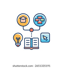 This is a graphic illustration in flat style. Icons depicting education linked together around an open book.