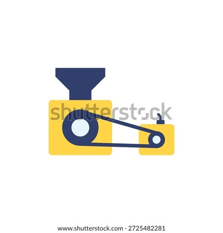 This is a graphic illustration of a machine with a simple and modern design. The machine features a yellow and blue color scheme, with a prominent gear and belt system. The illustration is likely used to represent industrial technology, mechanical engineering, or manufacturing processes. The image is a stylized representation, rather than a realistic depiction, and is likely used for educational, instructional, or promotional purposes.