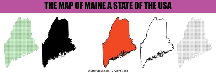 Esta ilustración gráfica presenta cinco mapas de Vector distintos de Maine un estado en los EE. UU. Estilos incluyen un patrón de puntos verdes relleno negro sólido relleno naranja sólido con contorno negro un contorno negro simple y un patrón de puntos grises Estas diversas representaciones visuales representan con precisión la forma geográfica de Maine sobre un fondo blanco