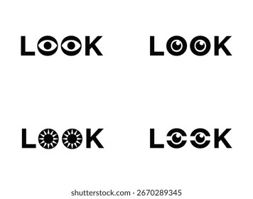 Esta ilustração gráfica apresenta quatro conceitos de logotipo distintos para a palavra 'OLHAR', onde os 'O's são substituídos criativamente por vários símbolos estilizados relacionados a visão e olhos.