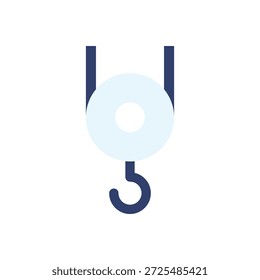 This is a graphic illustration of a pulley system with a hook. The image features a simple and clean design, showcasing the mechanism in a clear and technical manner. The pulley system is commonly used in industrial settings for lifting and moving heavy objects, and this illustration provides a detailed view of its components and functionality.