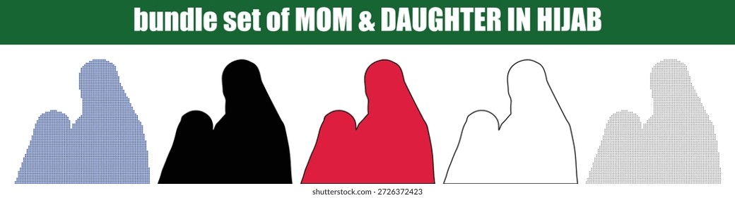 Diese grafische Abbildung zeigt ein Bündel von fünf verschiedenen Silhouetten, die eine Mutter und eine Tochter mit Hidschabs einzeln auf transparentem Hintergrund darstellen