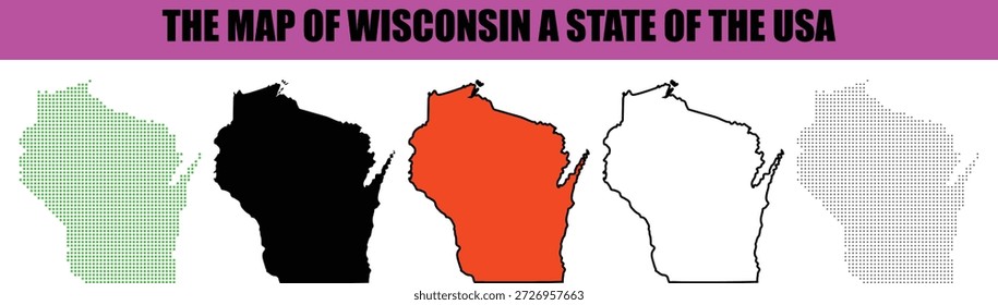 This graphic illustration showcases five distinct visual representations of the state of Wisconsin map a part of the USA Variations include dotted green solid black vibrant orange bold outline and dotted black designs suitable for educational geographical and designrelated projects