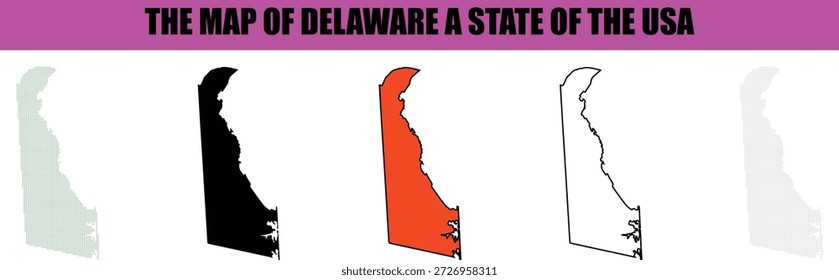 Esta ilustración gráfica muestra cinco variaciones distintas de mapas de Vector del estado de Delaware, EE. UU. Incluye patrones punteados, una silueta negra sólida, una forma vibrante y llena de naranja y un contorno claro perfecto para presentaciones geográficas y materiales educativos en el estado estadounidense