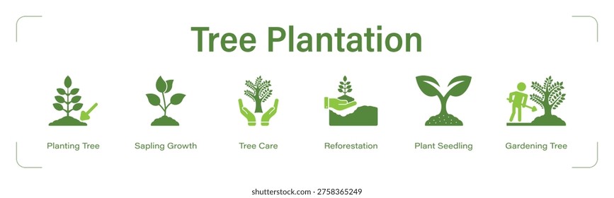 This graphic illustration showcases the tree plantation process through six distinct steps, emphasizing the importance of sustainability and environmental conservation. The illustration features a series of icons representing planting, nurturing, and protecting trees, highlighting the journey from seed to maturity. The visual representation aims to educate and inspire viewers to participate in eco-friendly practices and support reforestation efforts. The illustration is a powerful tool for promoting environmental awareness and encouraging responsible management of natural resources.