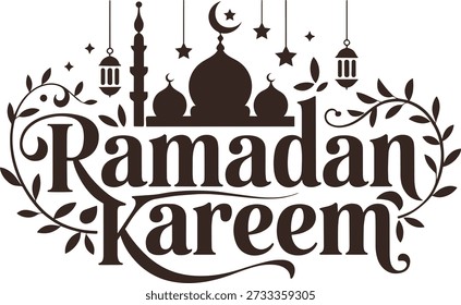 Dies ist eine grafische Illustration mit dem Text 'Ramadan Kareem' in arabischer Kalligraphie. Der Text ist elegant mit floralen Reben und Blättern an den Seiten gestaltet. Über dem Text befinden sich islamische architektonische Elemente, darunter eine Moschee-Silhouette mit Kuppeln und einem Minarett, sowie Halbmond, Sterne und traditionelle Laternen, die alle in dunkelbrauner Farbe auf weißem Hintergrund wiedergegeben sind. Dieses Design wird häufig für Ramadan-Grüße und Dekorationen verwendet.