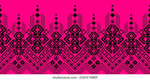 This graphic image features a bold and vibrant geometric pattern in black and pink. The design incorpor