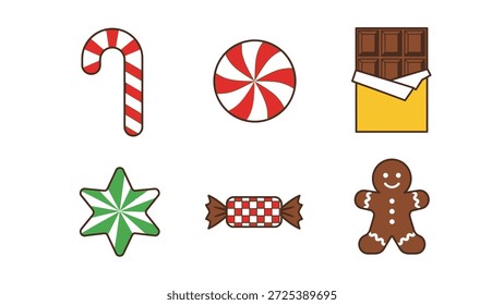Este gráfico presenta una colección de caramelos y dulces variados, incluyendo un bastón de caramelo, menta, barra de chocolate, caramelos en forma de estrella, caramelos envueltos y un hombre de jengibre. Las ilustraciones presentan colores brillantes con un estilo simple y de Vector. El fondo blanco sugiere un contexto limpio y aislado, adecuado para diversas aplicaciones de diseño y proyectos comerciales.