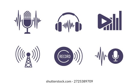 Este gráfico presenta una colección de íconos relacionados con el audio, con un micrófono, auriculares y símbolos de transmisión. El diseño utiliza un estilo plano con un esquema de color monocromático. Estos Elementos son adecuados para ilustrar conceptos de sonido, grabación, comunicación y creación de contenido digital. El gráfico es apropiado para diversas aplicaciones comerciales y editoriales.