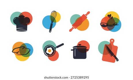 Este gráfico presenta una colección de herramientas de cocina representadas en un estilo de diseño plano, cada herramienta silueteada contra círculos coloridos superpuestos. La composición presenta elementos como un sombrero de chef, batidor, rodillo y tabla de cortar. El uso de Formas simples y colores brillantes sugiere posibles aplicaciones en materiales de instrucción o proyectos de diseño.