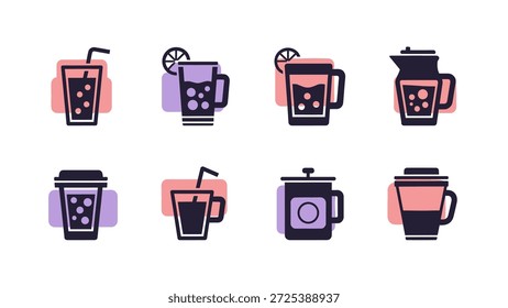 Este gráfico presenta una colección de íconos ilustrados de bebidas con varios diseños de vidrio y taza. Las Imágenes muestran estilos simples y delineados con fondos de colores sólidos. La composicion parece adecuada para Diseño web o material promocional, ofreciendo una estética limpia. Estos Elementos se pueden utilizar para diversos Fines comerciales.