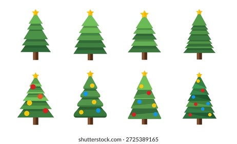 Diese Grafik zeigt eine Sammlung stilisierter Illustrationen des Weihnachtsbaums. Die Bäume sind im flachen Stil mit einem lebendigen grünen Farbton auf einfarbigem Hintergrund dargestellt. Einige Bäume sind mit gelben Sternenoberteilen und bunten Ornamenten versehen. Geeignet für eine Vielzahl redaktioneller und kommerzieller Anwendungen.
