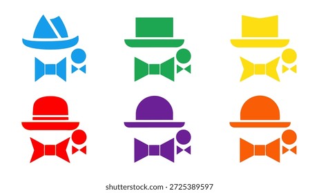 Este gráfico presenta una colección de iconos estilizados de caballero. Cada icono presenta un sombrero, pajarita y un elemento circular, renderizado en varios colores vibrantes contra un fondo liso. El diseño es limpio y geométrico, ideal para diversas aplicaciones, incluyendo diseño digital y proyectos comerciales.