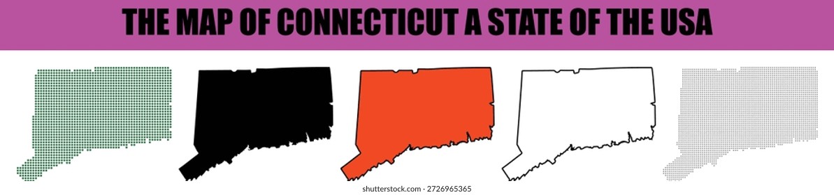 This graphic presents five diverse stylized maps of Connecticut a state within the USA arranged horizontally Variations include a green dotted pattern a solid black fill a vibrant orange fill a simple black outline and a subtle grey dotted design A purple banner at the top features bold black text identifying the maps