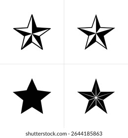 This graphic presents four distinct star variations in black and white against a white background. These include outlined stars, solid stars, and stars with internal filled areas.