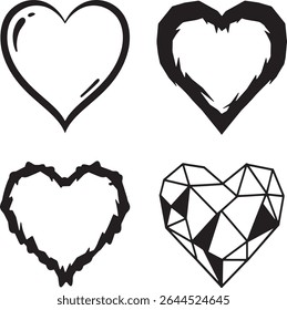 This graphic presents four distinct heart illustrations in a black and white palette