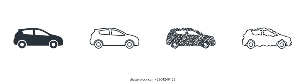 This graphic presents four unique representations of a compact car, ranging from a solid silhouette to a sketched outline and a scribbled effect