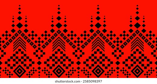 This graphic presents a horizontal band of stylized geometric motifs in black against a vibrant, fiery red background. The design evokes a contemporary interpretation of traditional textile or folk 