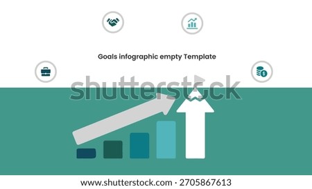 This graphic presents an infographic template depicting business progress. It features ascending bars, an arrow to success, plus icons for handshake, chart, money and briefcase.
