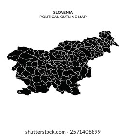 This graphic presents a political outline map of Slovenia, highlighting various regions and divisions. The map is designed in black and white, focusing on geographical features.