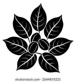 This graphic presents a silhouette of coffee beans encircled by leaves, creating a natural and simple design in black. The leaves and beans are styled with clean lines.