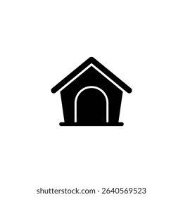 This graphic presents a simple, solid black silhouette of a dog house with a clearly defined arched entrance, set against a clean white backdrop.