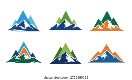 Este gráfico presenta seis ilustraciones de picos de montaña, cada una en una paleta de colores única. Las composiciones varían en detalle y estilo, con líneas limpias y tonos contrastantes. Adecuado para proyectos comerciales, estos gráficos estilizados de montaña podrían representar temas al aire libre o conceptos de naturaleza.
