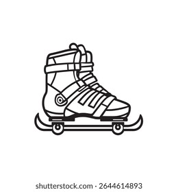 This graphic presents a stark black and white line drawing of a ski boot connected to a pair of skis, set against a clean, transparent backdrop.