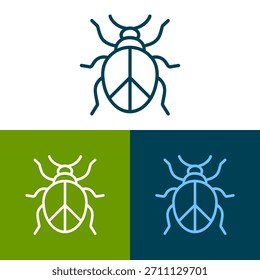 Este gráfico apresenta um design estilizado do besouro, com um símbolo proeminente da paz nas costas. Renderizado em um estilo de contorno, ele usa tons de azul, verde e branco contra fundos coloridos. A composição simples pode atender a vários usos, desde conteúdo editorial a projetos de design, em uma estética moderna.