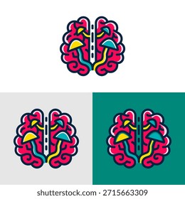 Este gráfico presenta una ilustración cerebral estilizada con colores vibrantes y contornos audaces. La Imagen muestra el cerebro en múltiples fondos, incluidos el blanco y el verde, lo que demuestra versatilidad. Este diseño podría ser adecuado para materiales educativos, proyectos de diseño y diversas aplicaciones creativas.
