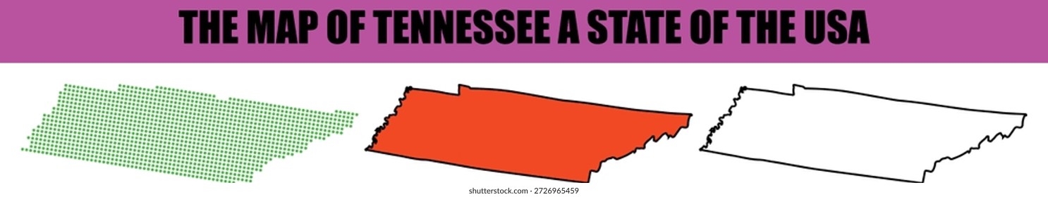 This graphic presents three distinct visual interpretations of the state of Tennessee USA displayed on a clean white background The representations include a map formed by green dots a solid orangered map with a prominent black outline and a simplified black outline version offering diverse cartographic styles suitable for educational and geographical content