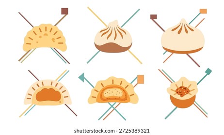 Este gráfico presenta varios dumplings, probablemente preparados para el consumo. La Imagen muestra ilustraciones simplificadas con paletas de colores cálidos. Estos Elementos estilizados están ambientados sobre un fondo blanco, potencialmente sirviendo para artículos culinarios o proyectos comerciales relacionados con la comida.