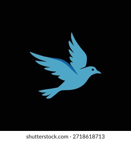 This is a graphic representation of a bird, colored in a vibrant shade of blue, captured in mid-flight. The bird's wings are spread wide, suggesting movement and freedom. The stylized design features clean lines and a solid blue fill. The background is a stark, solid black, which makes the blue bird stand out prominently. The image evokes a sense of peace, hope, or perhaps a digital representation of a common symbol.