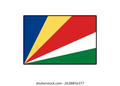 This graphic representation showcases the flag of Seychelles, featuring a dynamic design of blue, yellow, red, white, and green. It symbolizes the nation's identity and heritage.