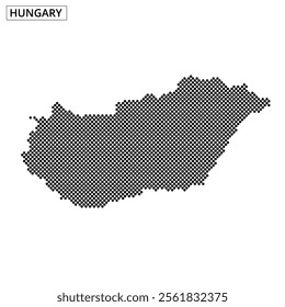 This graphic represents Hungary through a dotted outline on a stylized background, showcasing its geographic shape.