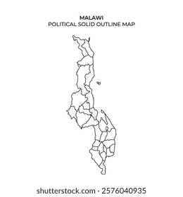 This graphic represents the political outline of Malawi, highlighting its regional boundaries and geographic shape. It is designed for educational and reference purposes.